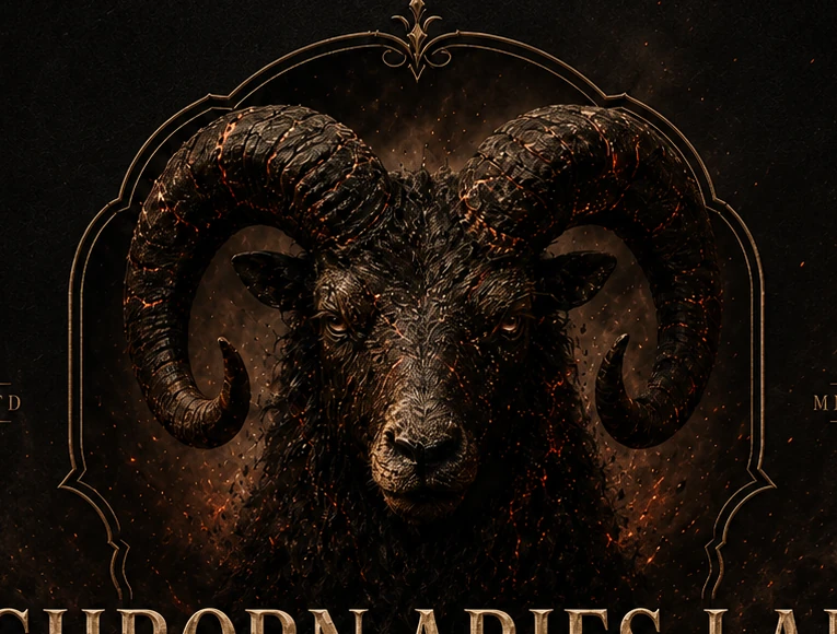 Large bronze ram emblem on dark background
