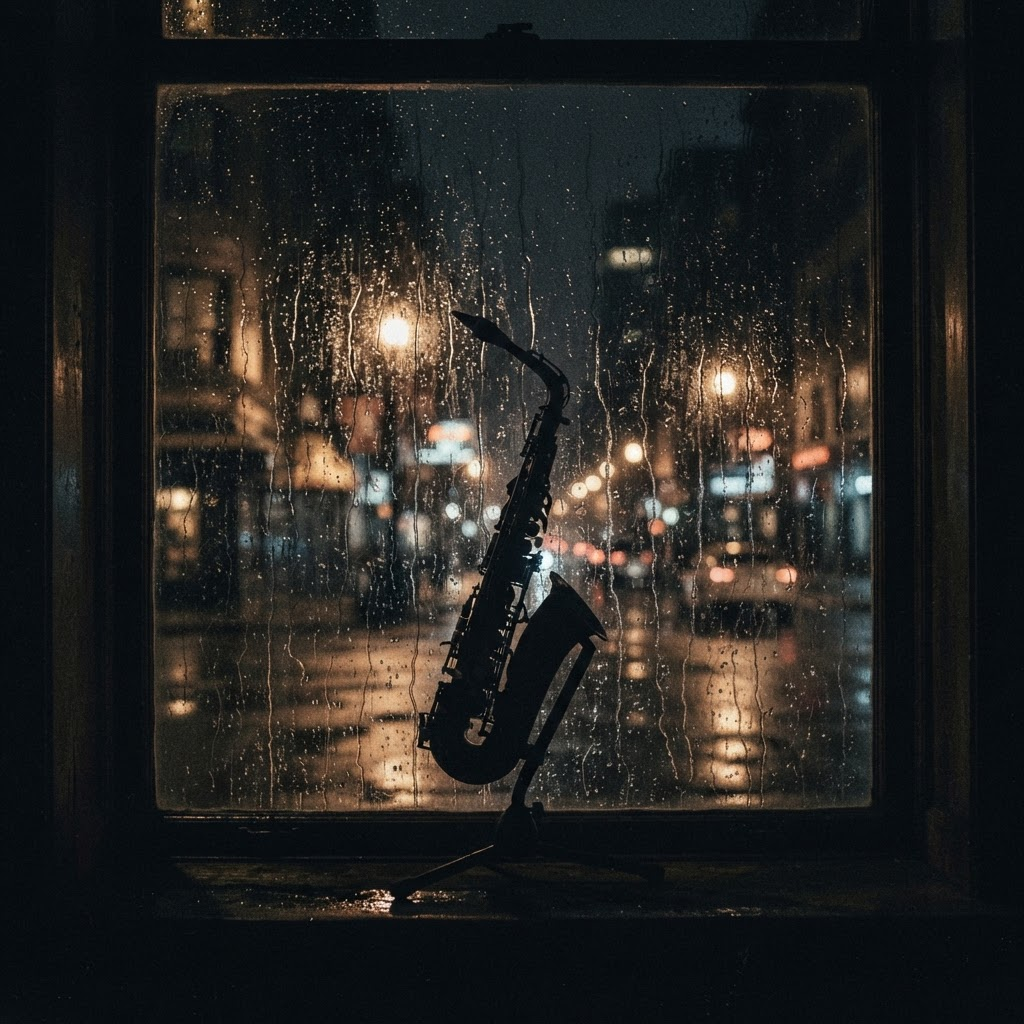 Velvet Rain saxophone album cover with rain-lit night street