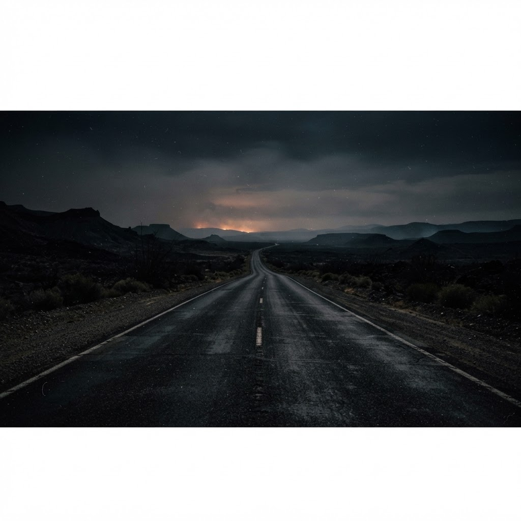Empty black road at night with a faint ember glow on the horizon