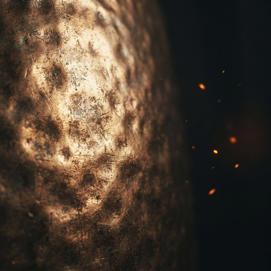 Antique bronze metallic texture fading into charcoal shadow with floating embers