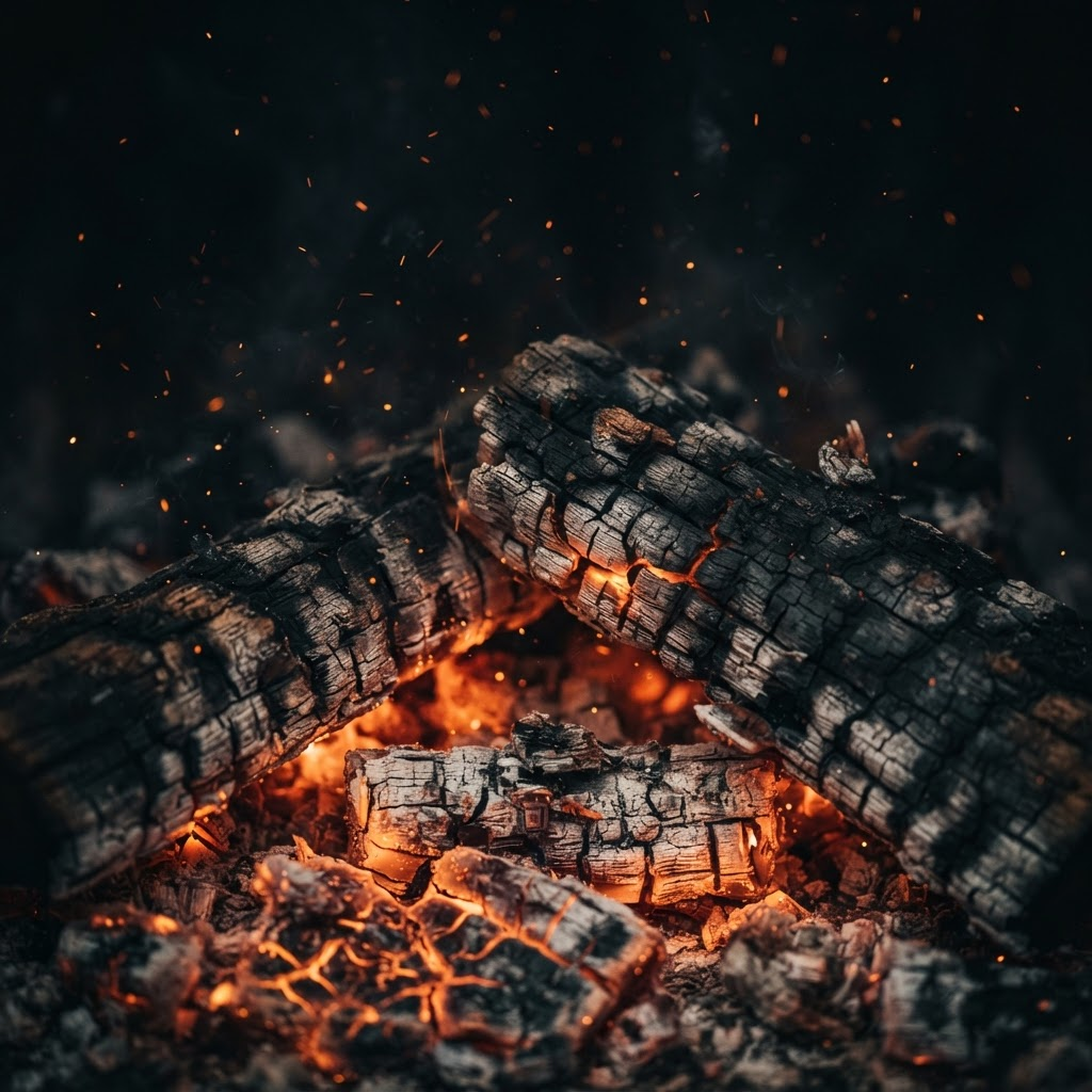 Glowing embers seeping through cracked charred wood