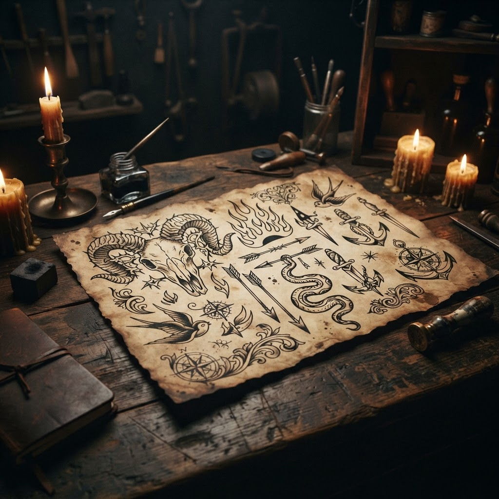 Black traditional tattoo flash linework of horns, thorns and flames on aged paper